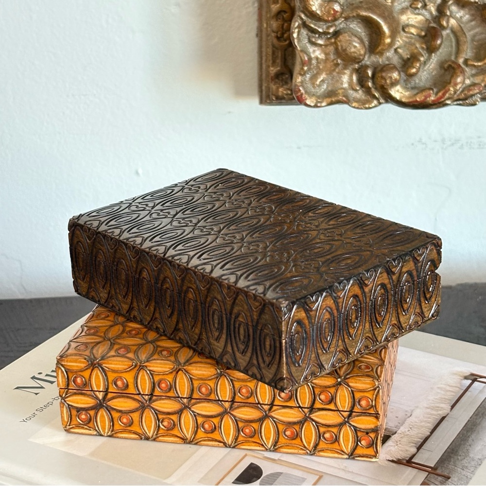 Pair of Vintage Polish Hand-carved Wood Boxes